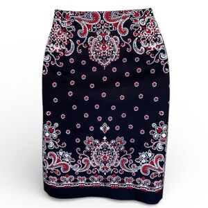 TALBOTS PETITES skirt navy with pretty borders of red & white paisley. 2P